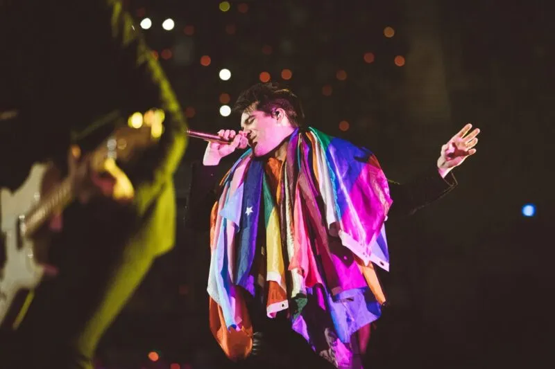 Brendon Urie covered in pride flags during a Panic! at the Disco performance 