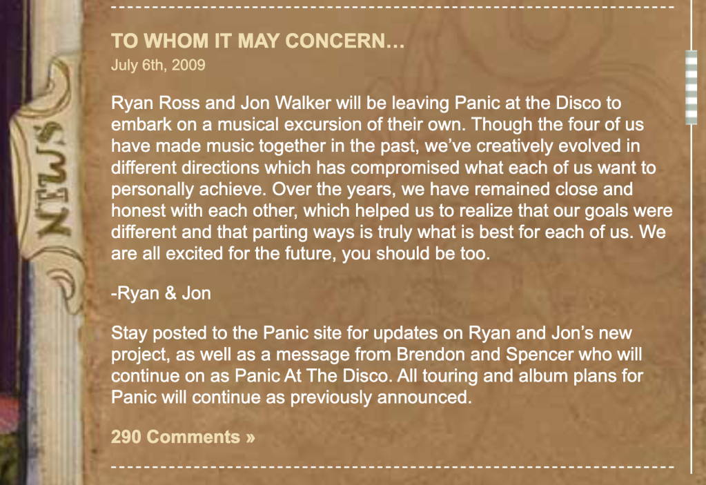 Ryan Ross and Jon Walker's exit statement from Panic! at the Disco's 2009 split