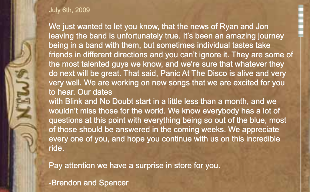 Brendon Urie and Spencer Smith's update to Panic! at the Disco's 2009 split